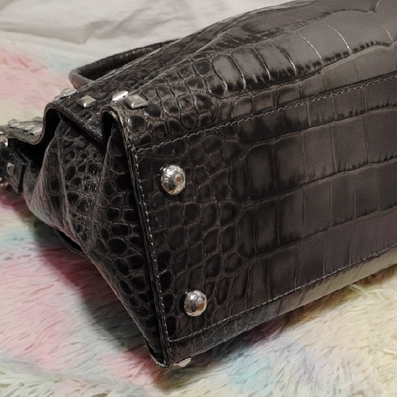 SALE! Michael Kors Hamilton Crocodile Embossed Silver Studded Tote Bag - Picture 8 of 16
